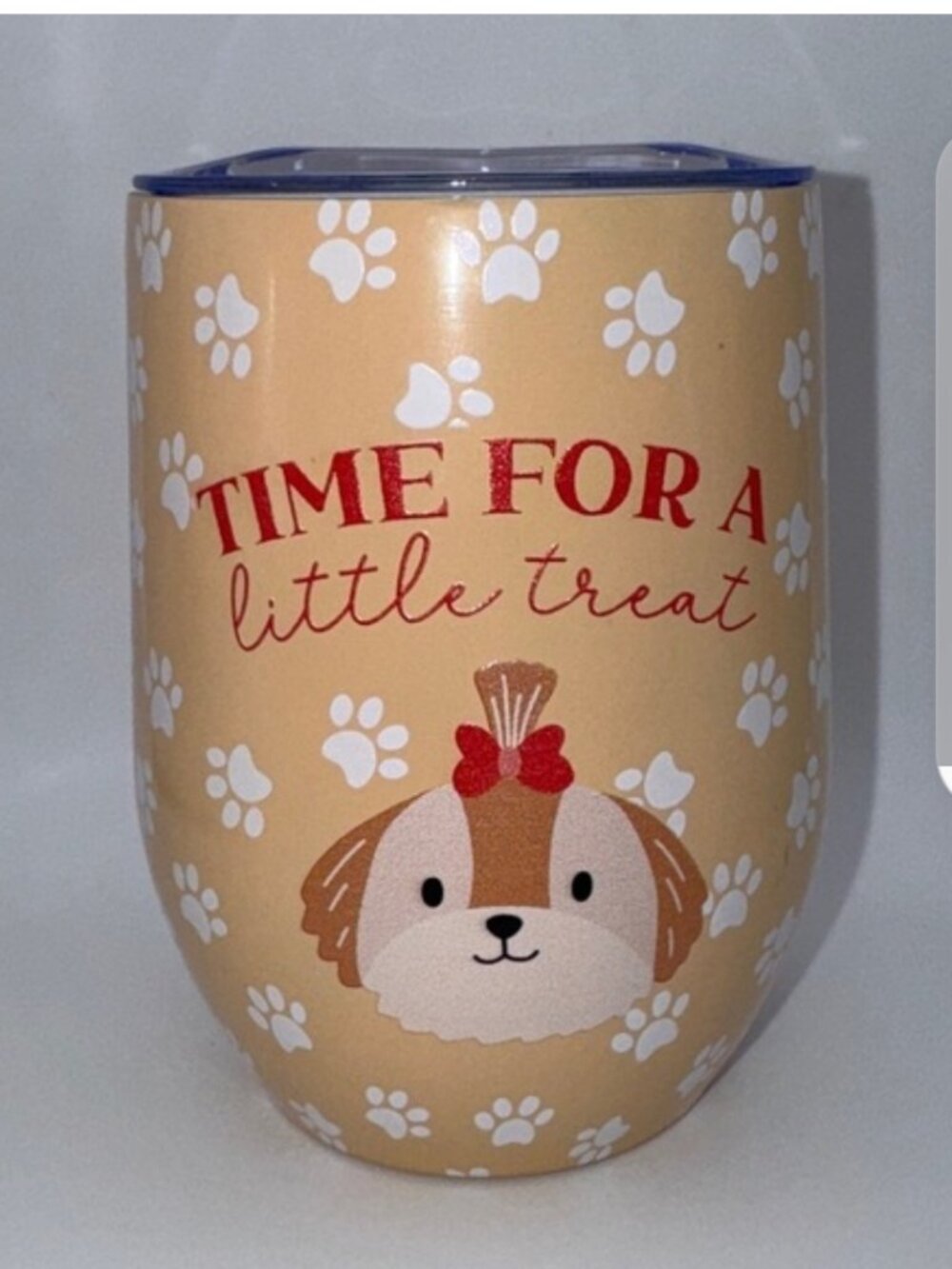 STEMLESS INSULATED WINE TUMBLER "TIME FOR A LITTLE TREAT" - DOG PAW PRINT-12 OZ.